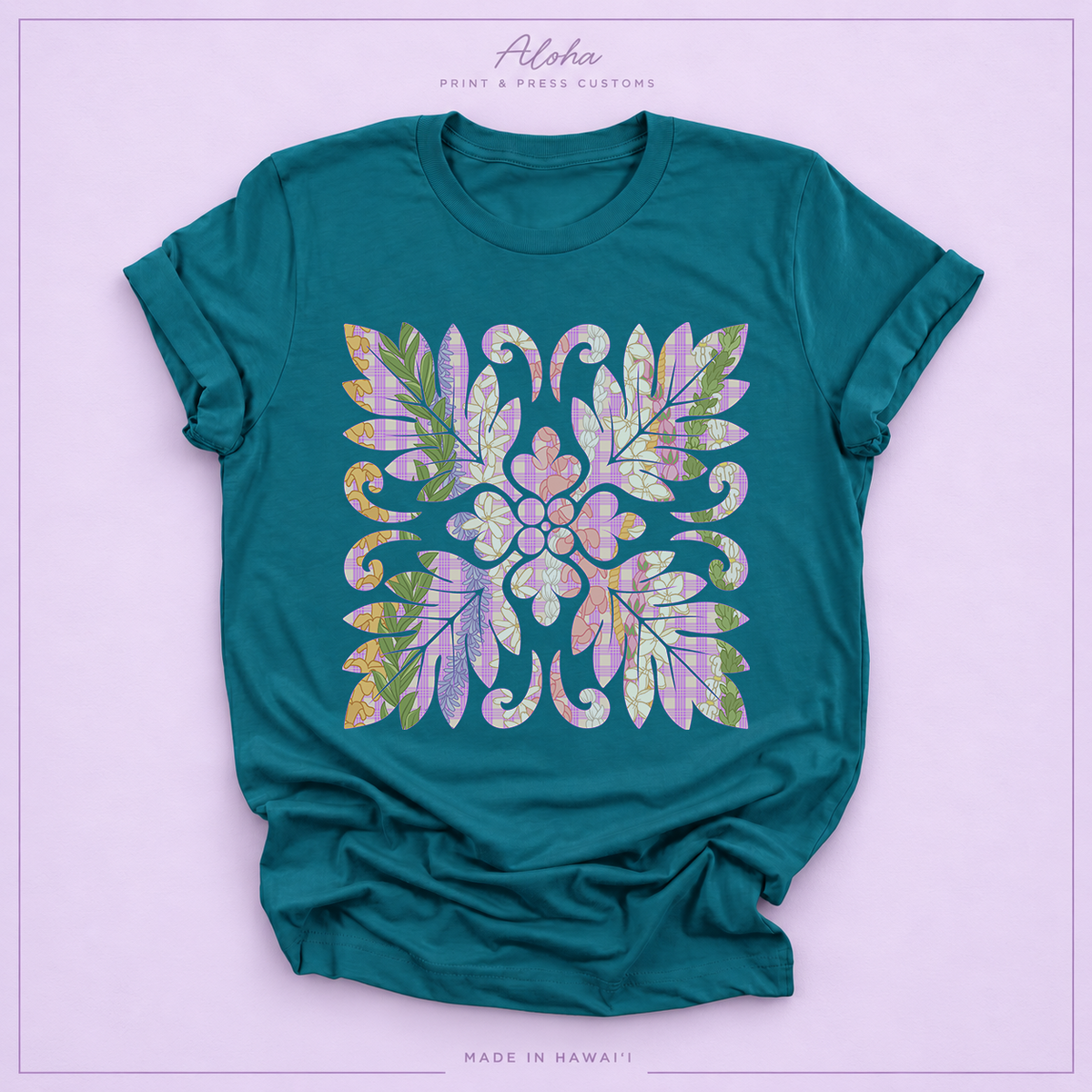 Hawaiian Floral Quilt shirt in teal featuring Maile, Puakenikeni, Lokelani, Pakalana and Pikake
