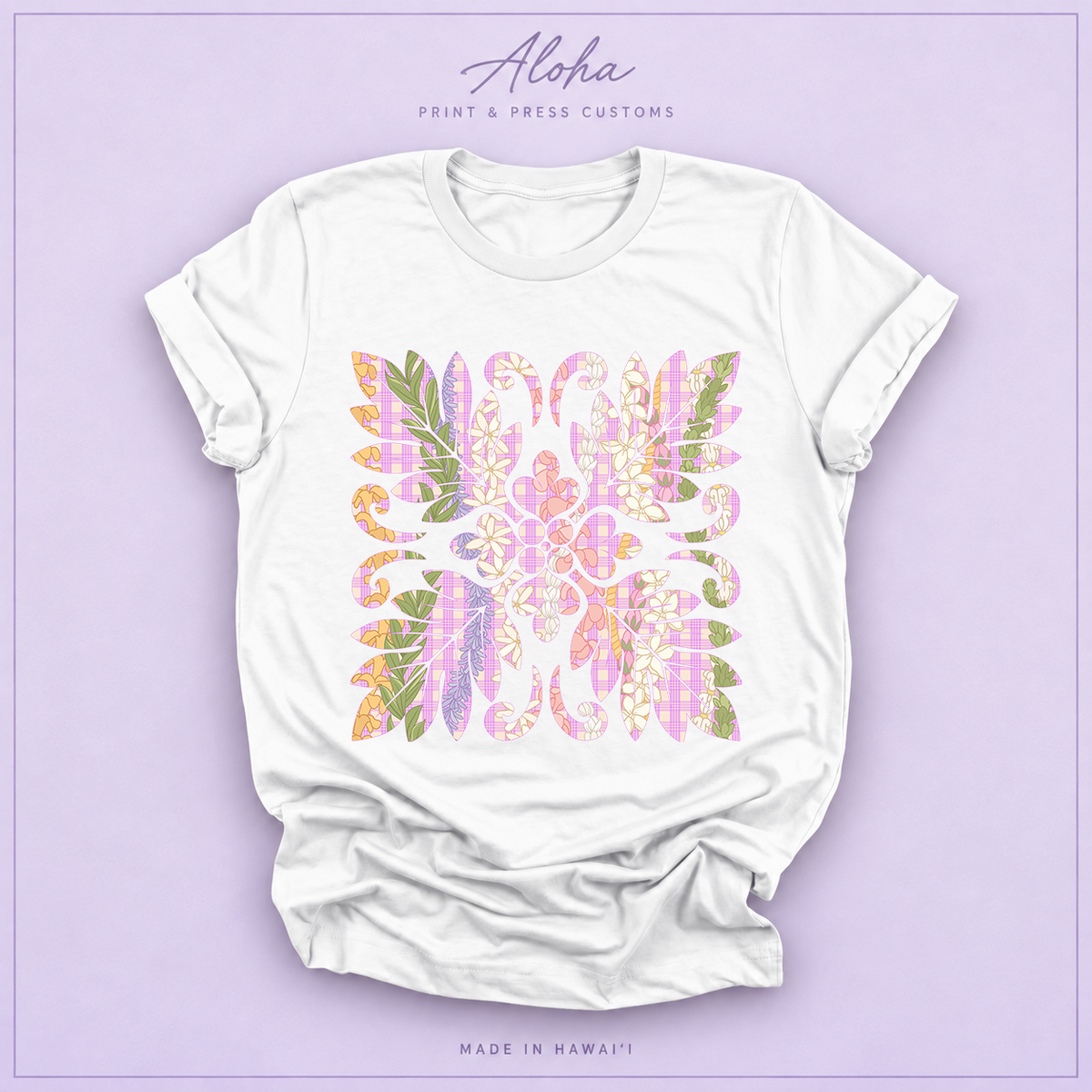 Hawaiian Floral Quilt shirt in white featuring Maile, Puakenikeni, Lokelani, Pakalana and Pikake