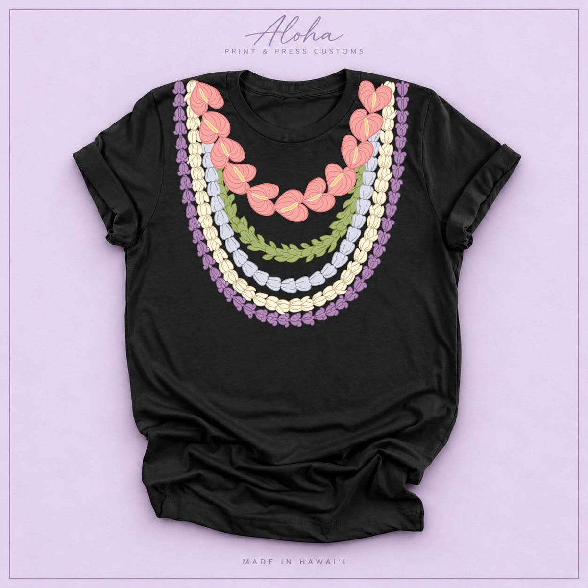 Hawaiian Lei Graphic T-Shirt – Anthurium, Pakalana, Pikake & Crownflower Design - Black