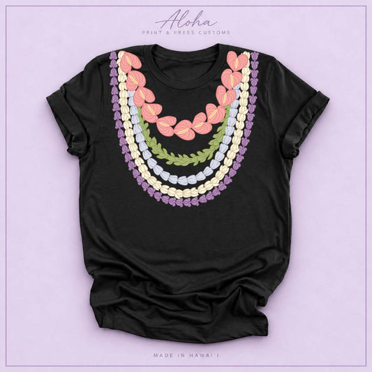 Hawaiian Lei Graphic T-Shirt – Anthurium, Pakalana, Pikake & Crownflower Design - Black