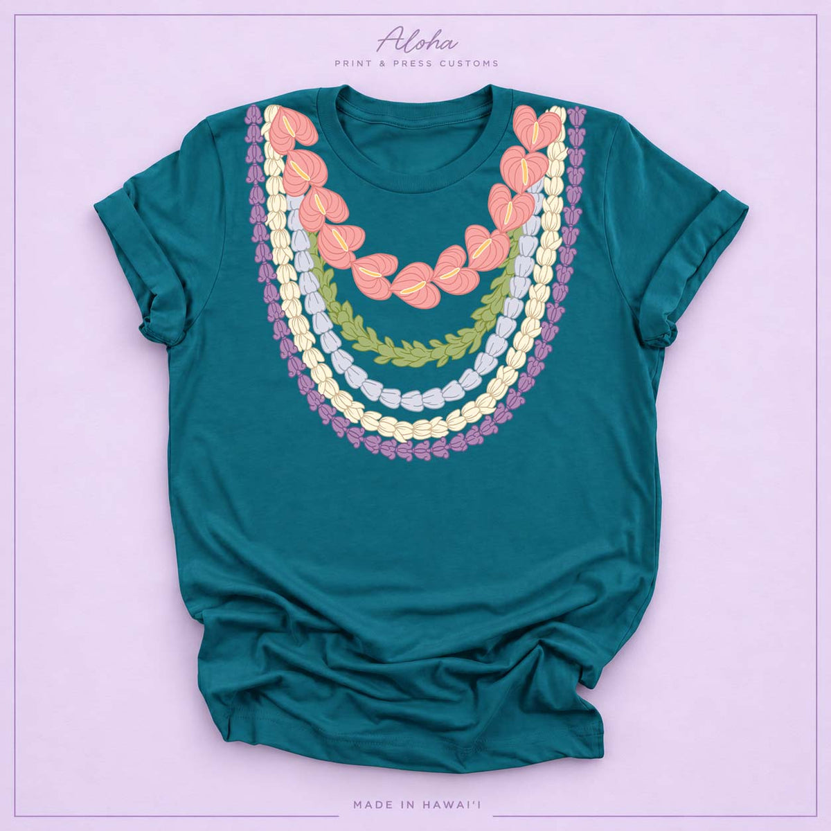 Hawaiian Lei Graphic T-Shirt – Anthurium, Pakalana, Pikake & Crownflower Design - Deep Teal