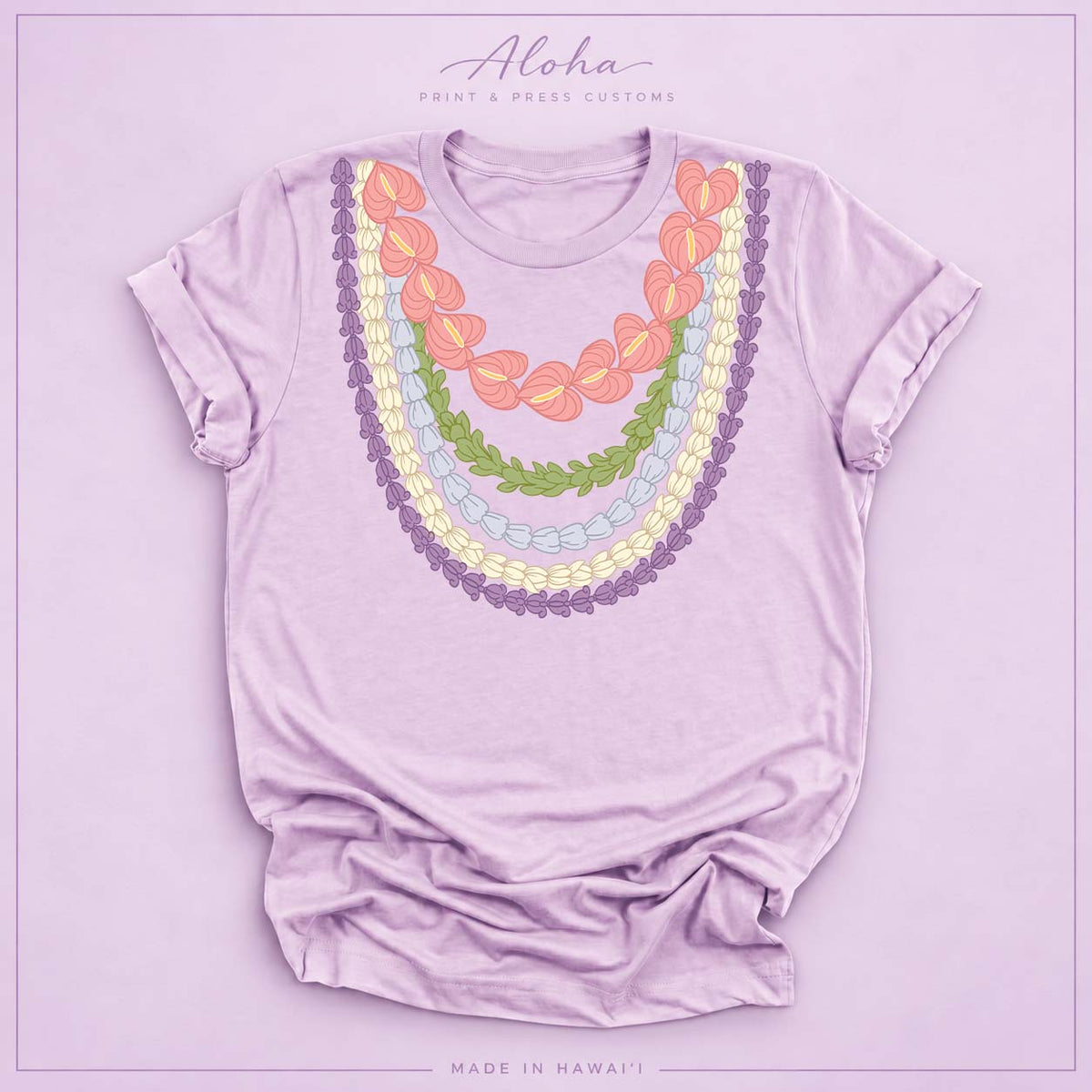Hawaiian Lei Graphic T-Shirt – Anthurium, Pakalana, Pikake & Crownflower Design - Lilac