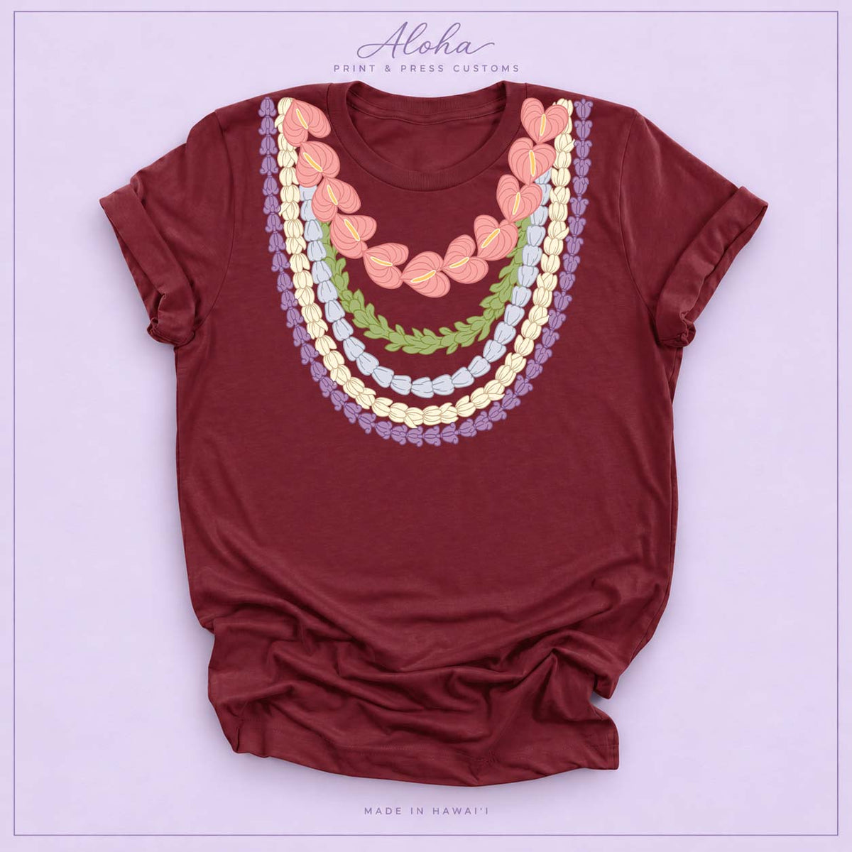 Hawaiian Lei Graphic T-Shirt – Anthurium, Pakalana, Pikake & Crownflower Design - Maroon