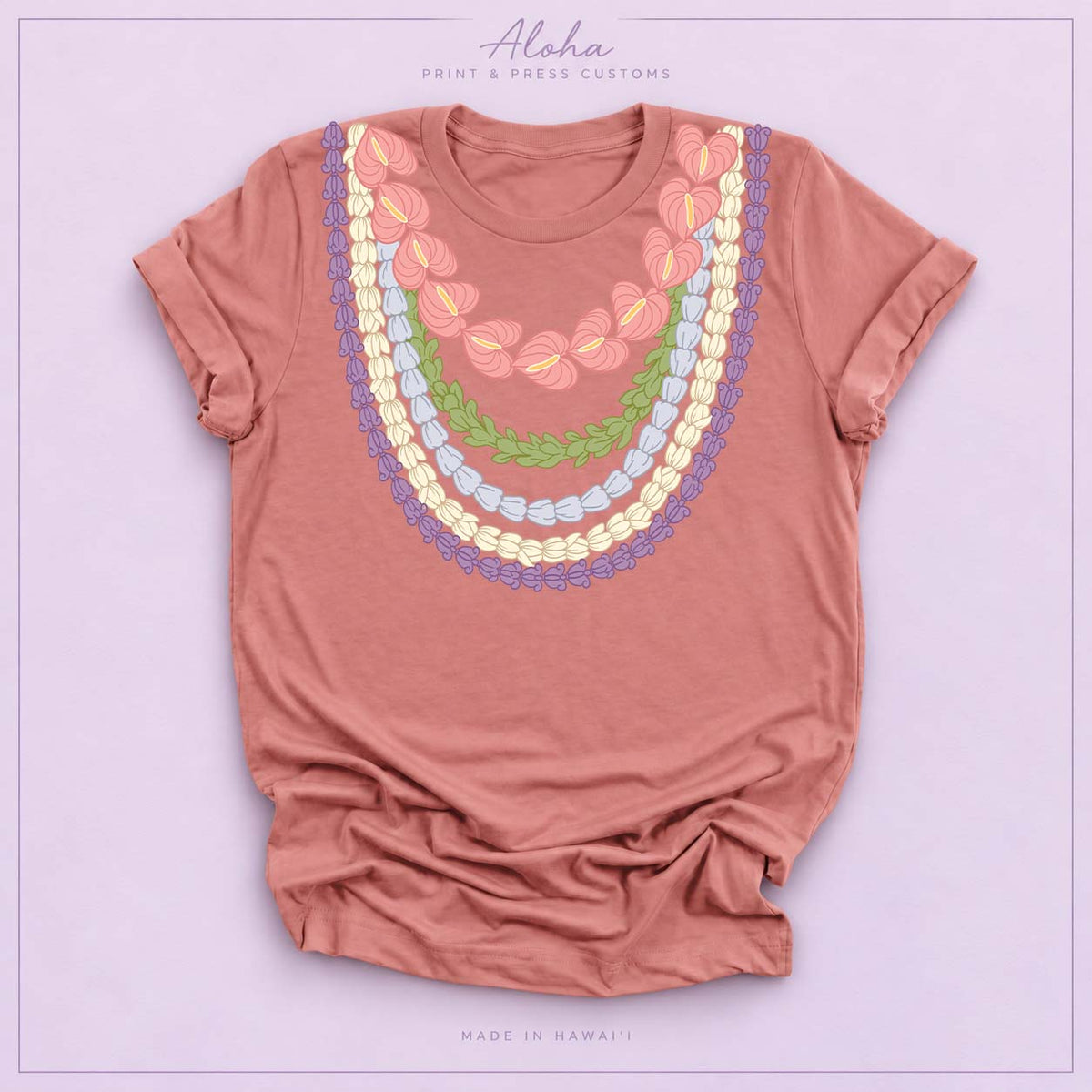 Hawaiian Lei Graphic T-Shirt – Anthurium, Pakalana, Pikake & Crownflower Design - Mauve