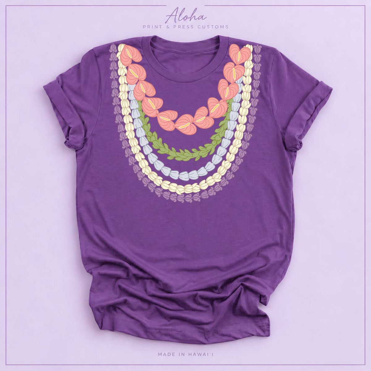 Hawaiian Lei Graphic T-Shirt – Anthurium, Pakalana, Pikake & Crownflower Design - Royal Purple