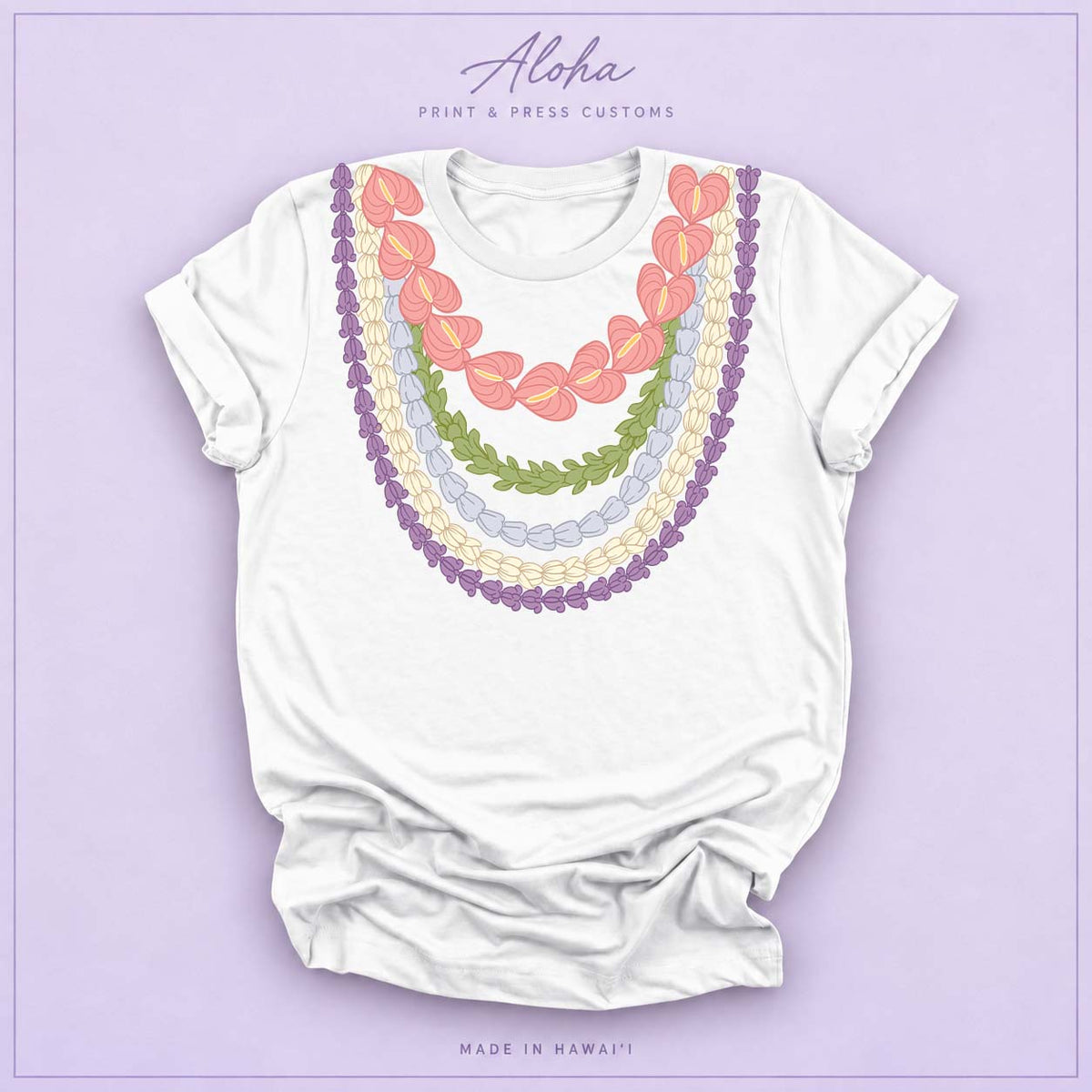 Hawaiian Lei Graphic T-Shirt – Anthurium, Pakalana, Pikake & Crownflower Design - White