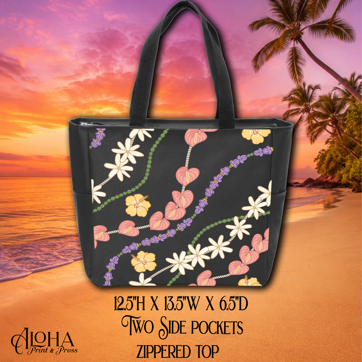 Hawaiian lei floral zippered tote bag in black with size and pocket details