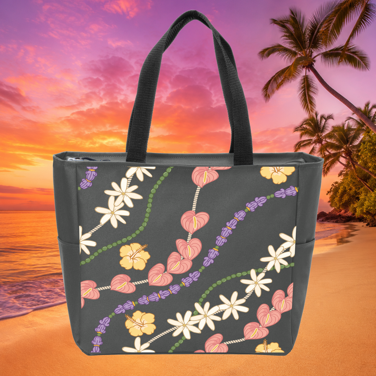 Hawaiian lei floral zippered tote bag in charcoal