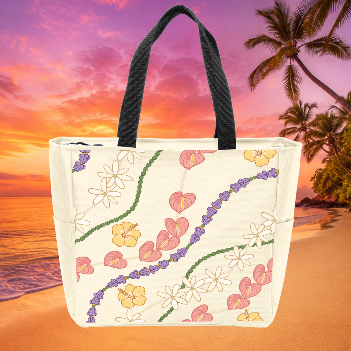 Hawaiian lei floral zippered tote bag in stone