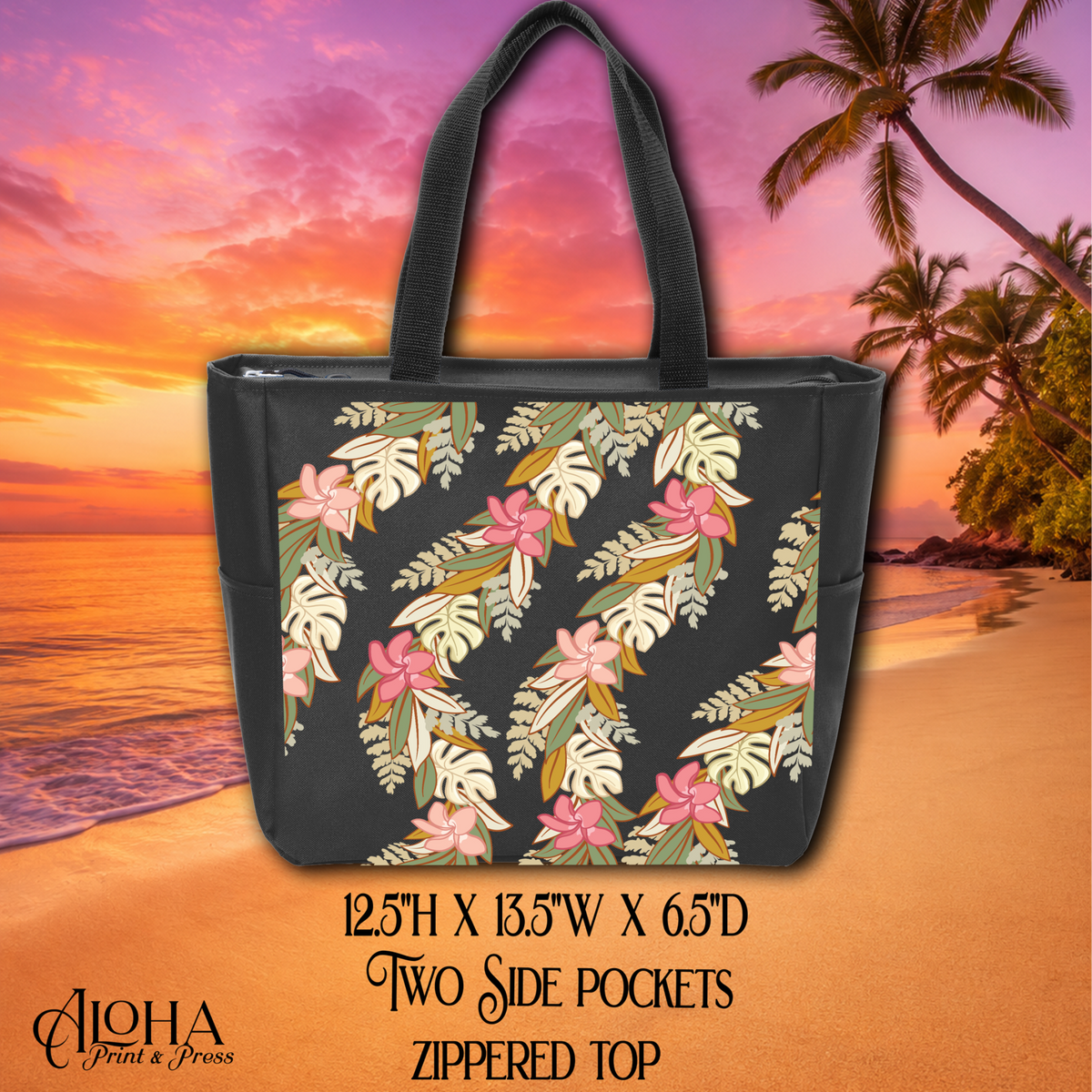 Hawaiian tropical floral zippered tote bag in black