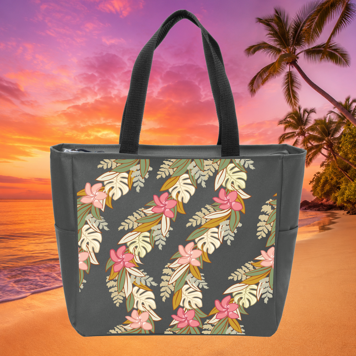 Hawaiian tropical floral zippered tote bag in charcoal