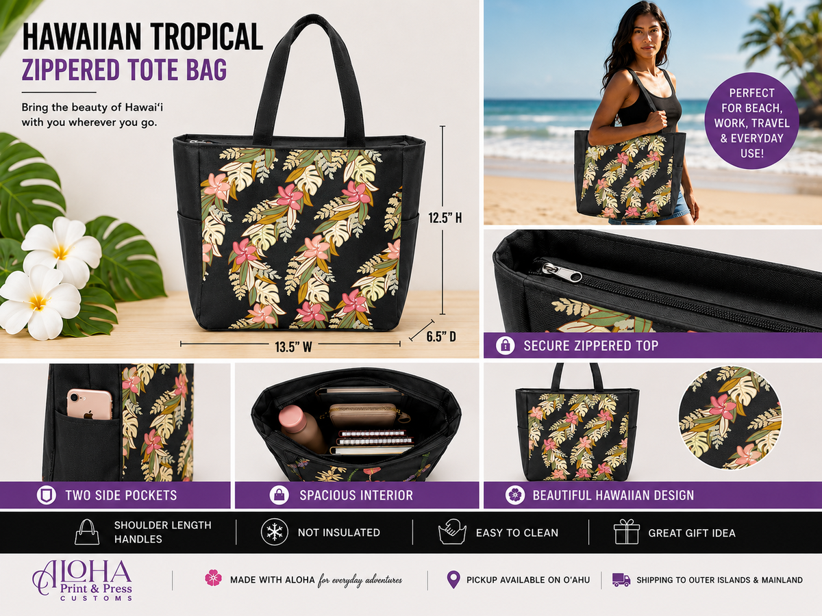 Hawaiian tropical zippered tote bag product features and dimensions