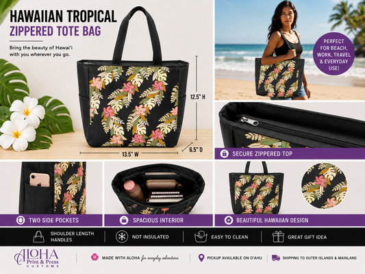 Hawaiian tropical zippered tote bag product features and dimensions