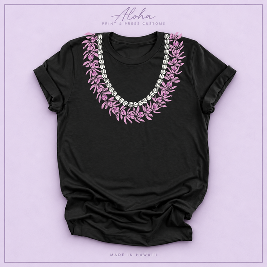 Black T-shirt with Honohono and Pikake Hawaiian lei design on Aloha Print & Press Customs branded background