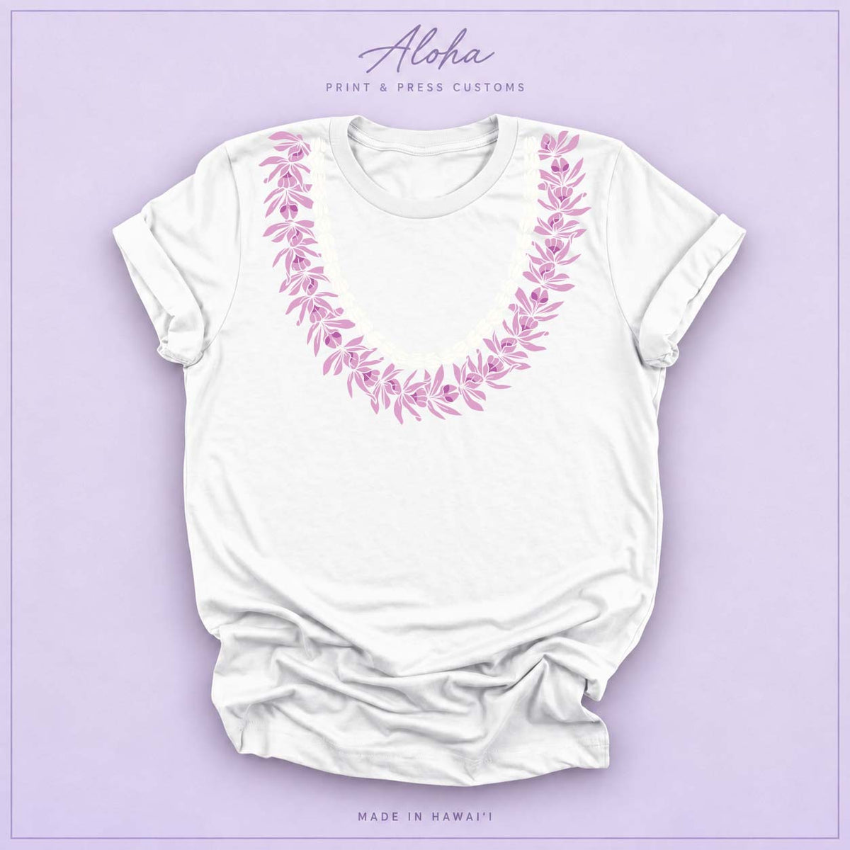 White T-shirt with Honohono and Pikake Hawaiian lei design on Aloha Print & Press Customs branded background