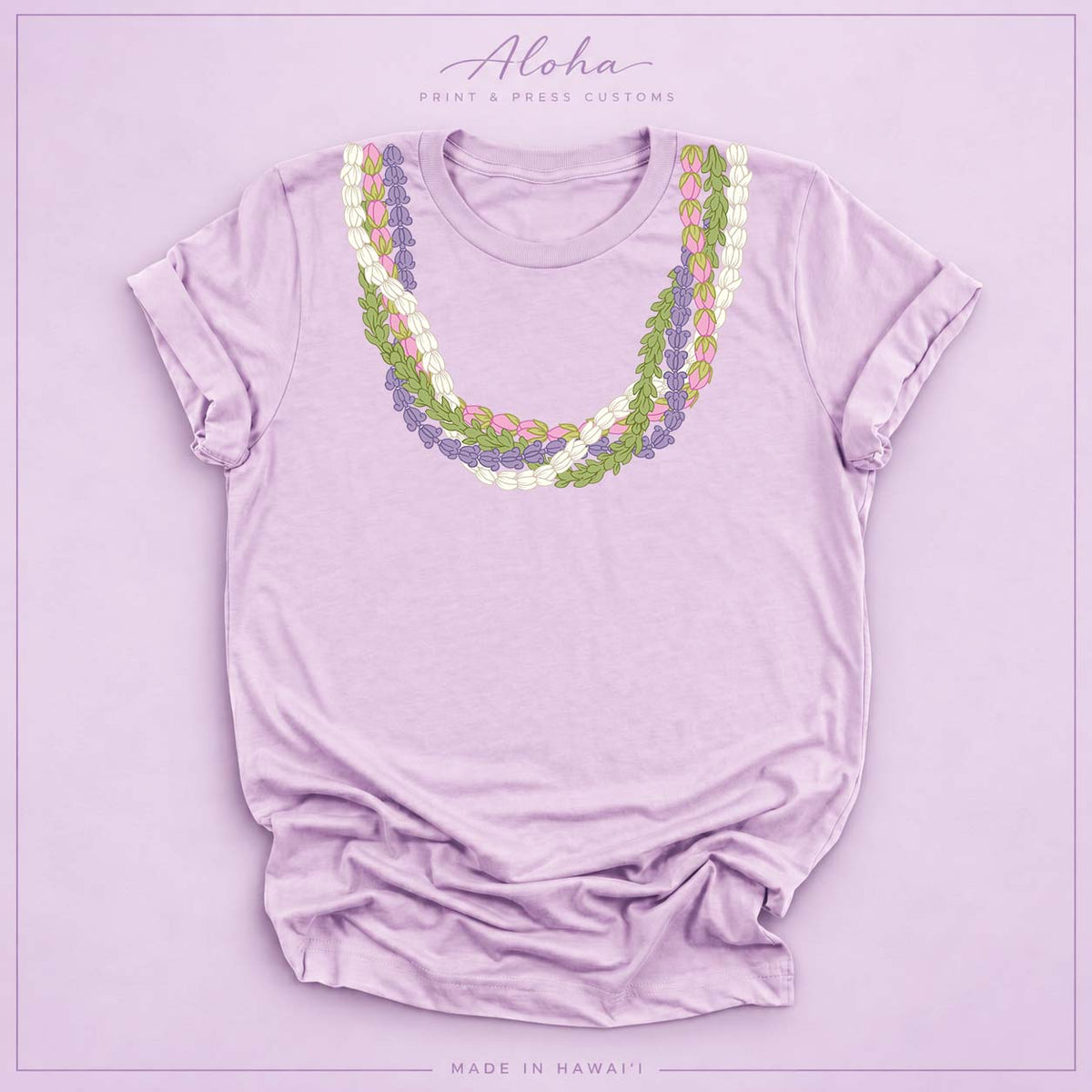 Lilac T-shirt featuring an island-inspired floral lei design on Aloha Print & Press Customs branded background