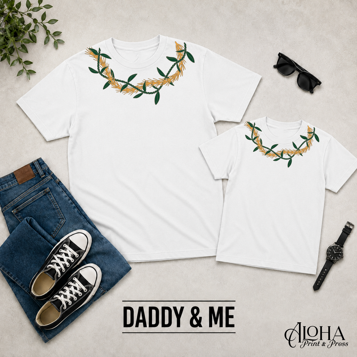 Kukunaokala and Ti Leaf Daddy and Me matching lei shirts in white