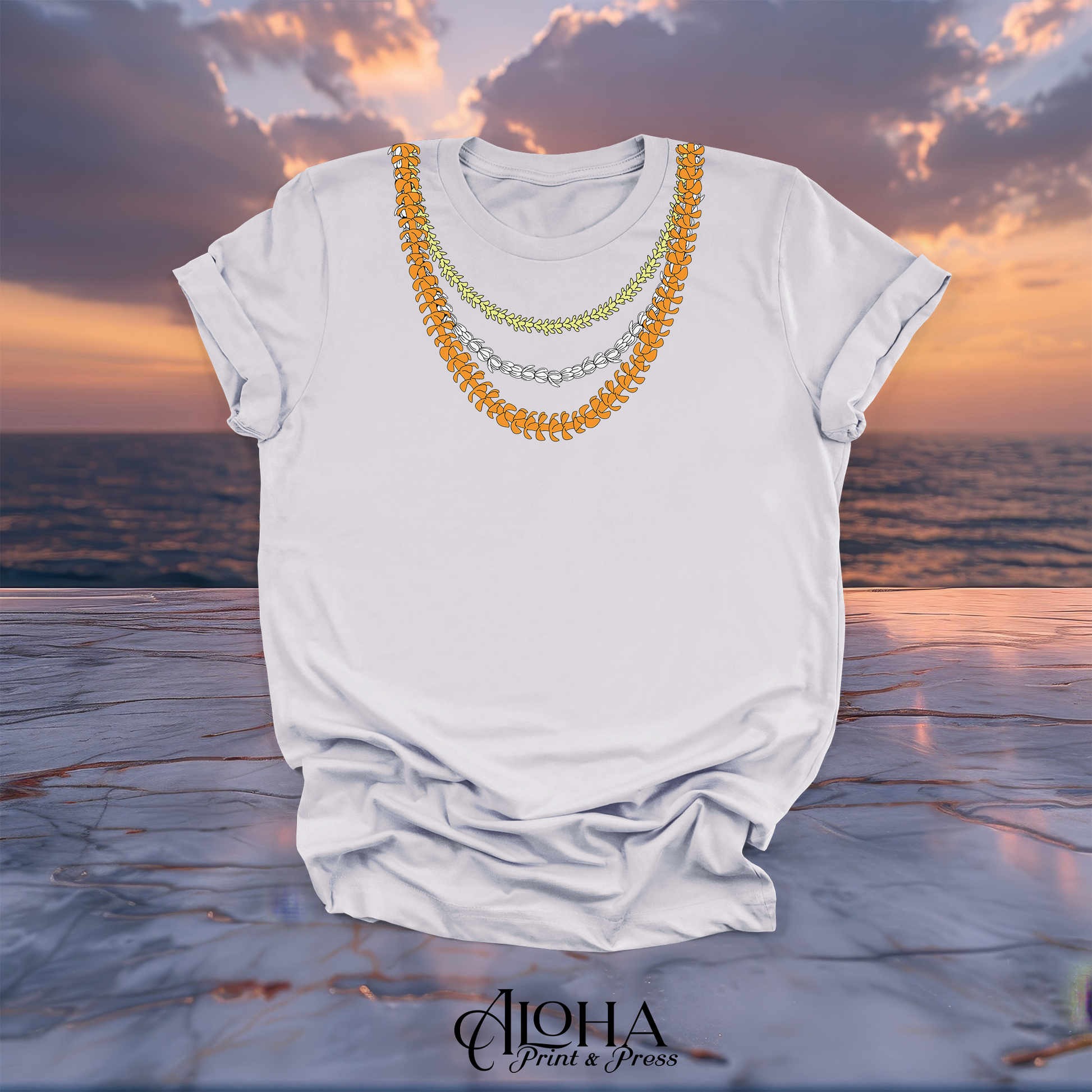 Lavender Dust gray graphic t-shirt featuring Hawaiian floral triple lei collar design.