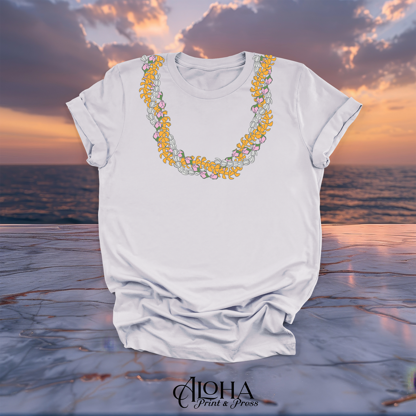 Lavender Dust gray graphic t-shirt featuring a layered Hawaiian floral lei collar design.