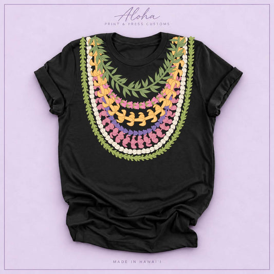 Black T-shirt featuring Maile, Pikake, Crownflower, and Puakenikeni lei design