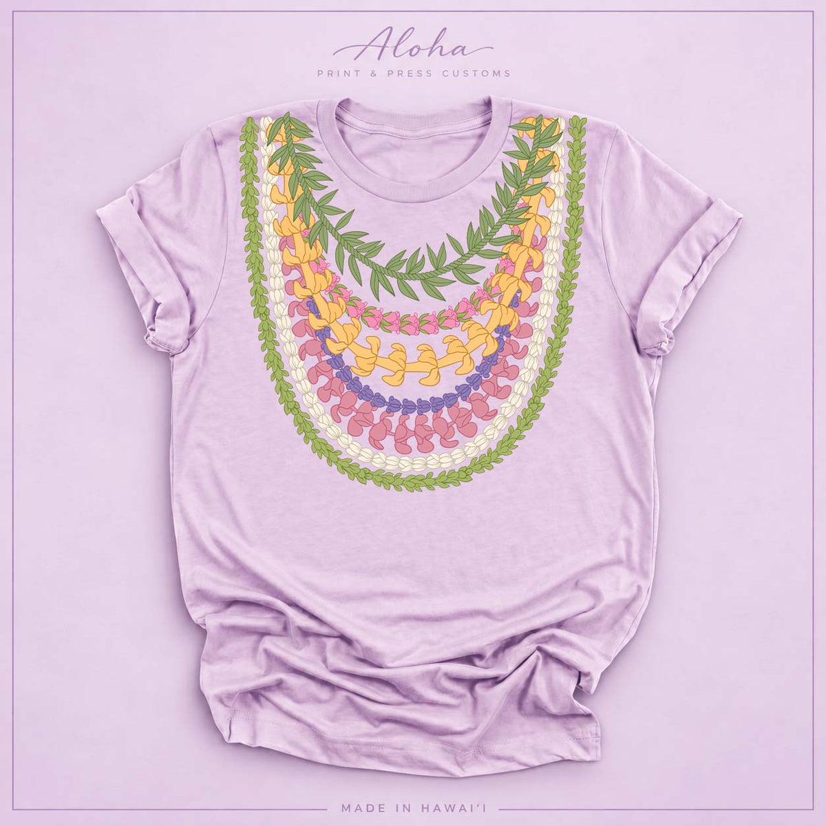 Lilac T-shirt featuring Maile, Pikake, Crownflower, and Puakenikeni lei design