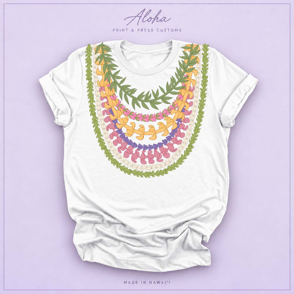 White T-shirt featuring Maile, Pikake, Crownflower, and Puakenikeni lei design