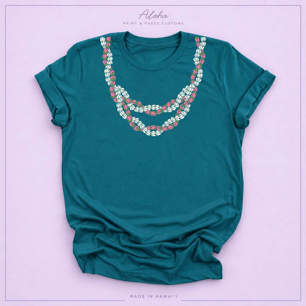 Deep Teal Lokelani Pikake Lei Shirt – Hawaiian Floral Lei T-Shirt