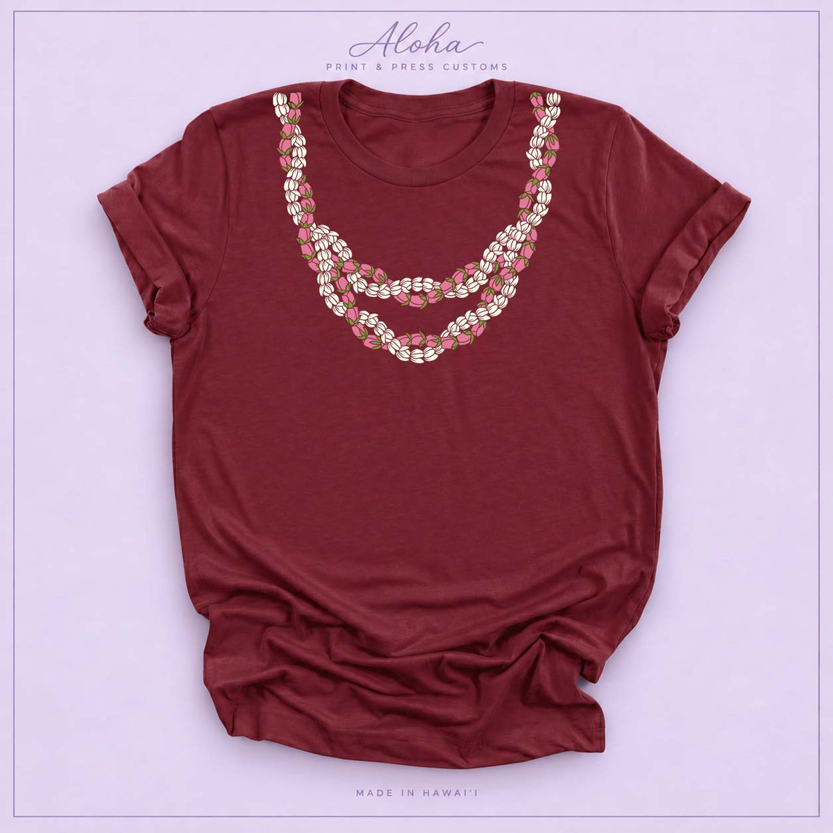 Maroon Lokelani Pikake Lei Shirt – Hawaiian Floral Lei T-Shirt