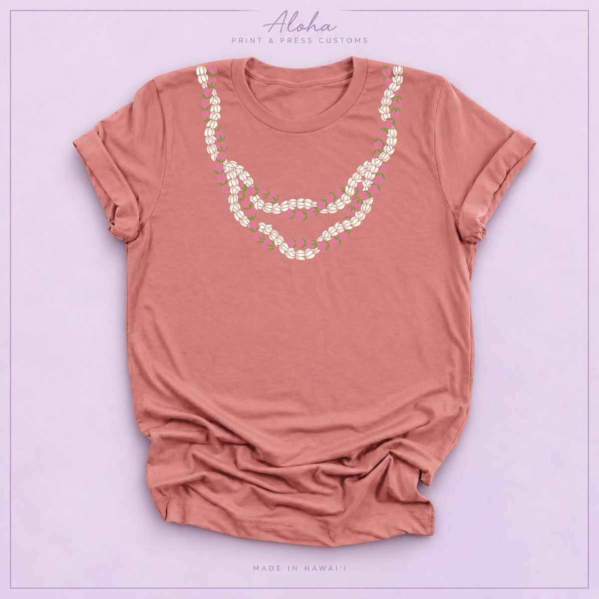 Mauve Lokelani Pikake Lei Shirt – Hawaiian Floral Lei T-Shirt