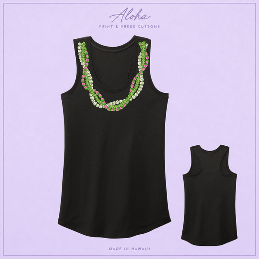 Black racerback tank with a twisted Lokelani, Pikake, and Pakalana lei print in pink, ivory, and green, shown front and back.