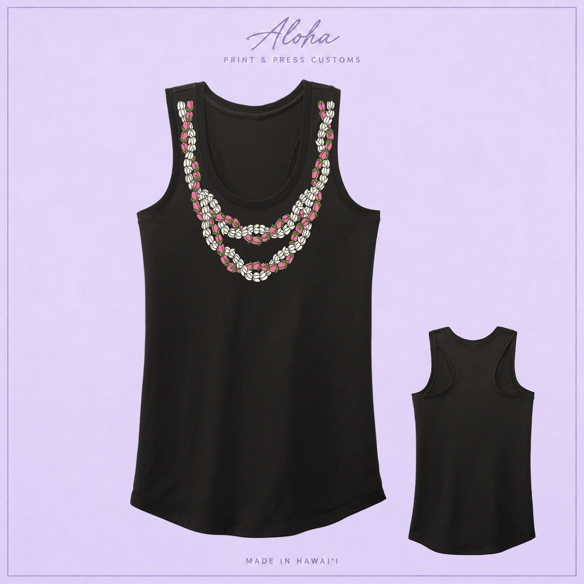 Black racerback tank featuring a pink Lokelani and white Pikake lei print with green accents, shown from front and back.