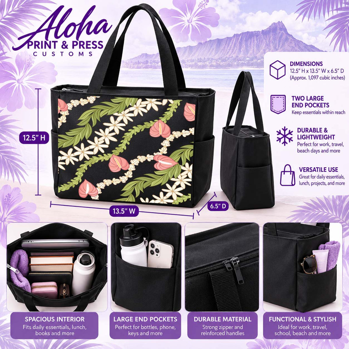 Maile Anthurium Pamala Tiare Hawaiian tote bag in black