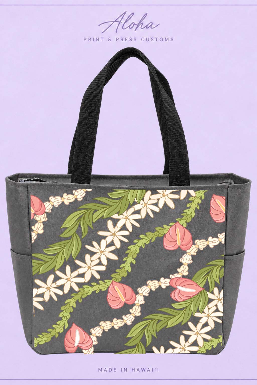 Maile Anthurium Pamala Tiare Hawaiian tote bag in charcoal