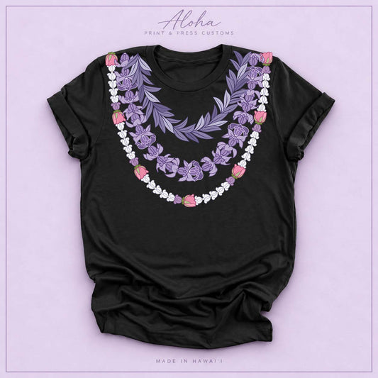 Black T-shirt featuring the Maile and Crownflower Triple Lei design