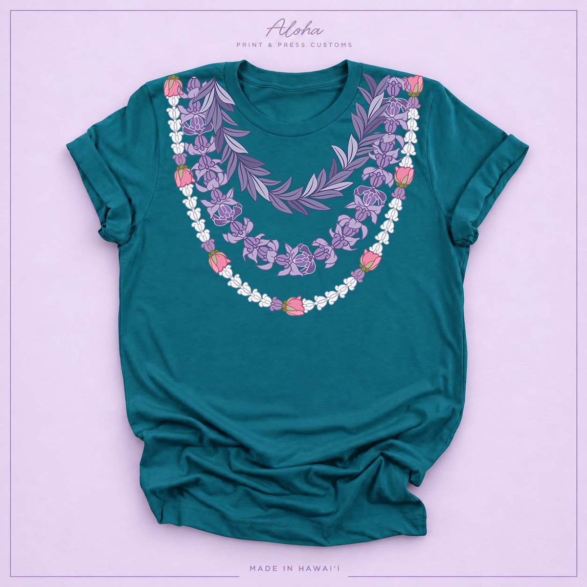 Deep Teal T-shirt featuring the Maile and Crownflower Triple Lei design