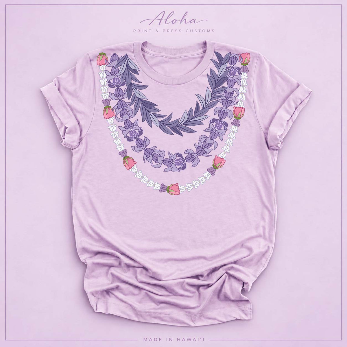 Lilac T-shirt featuring the Maile and Crownflower Triple Lei design