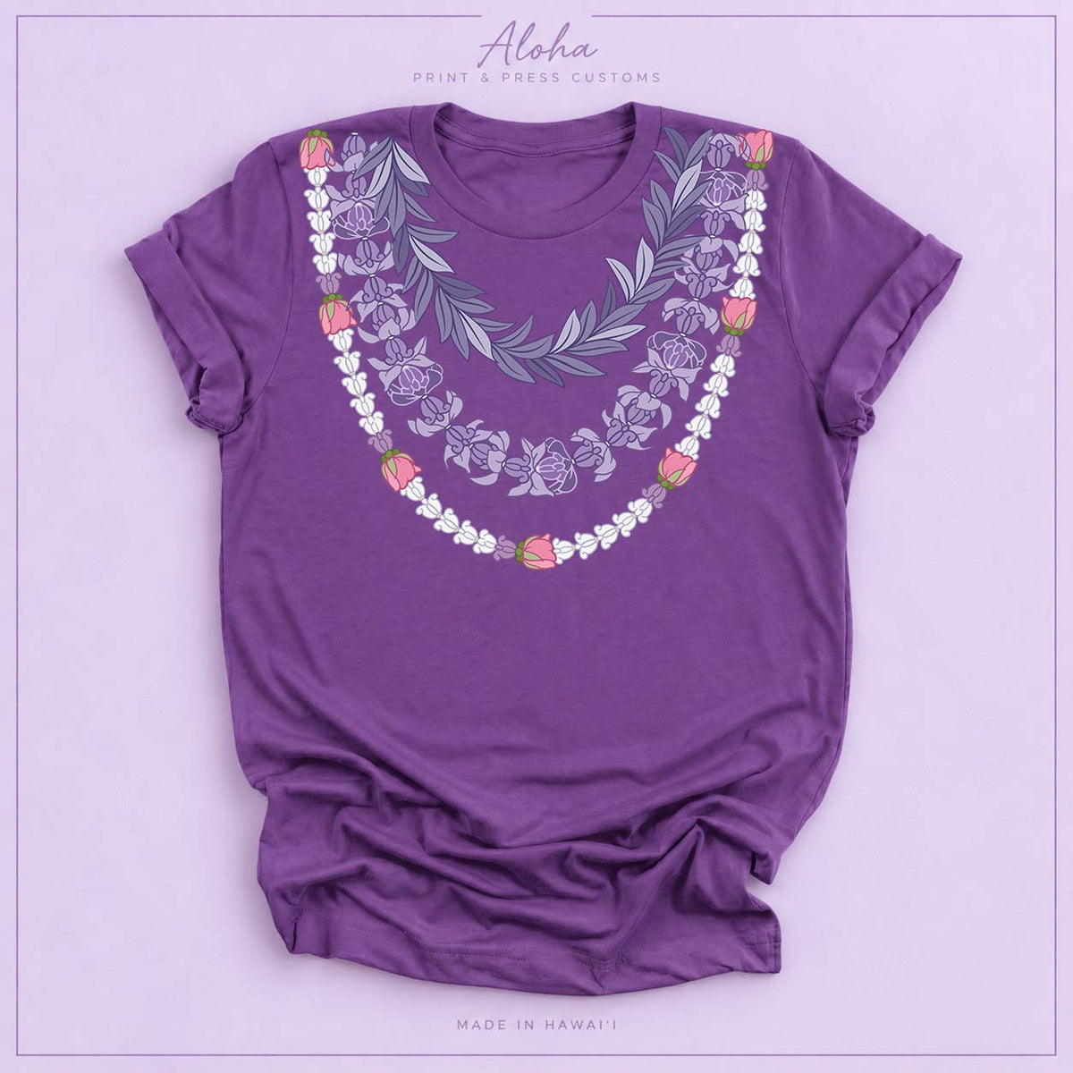 Royal Purple T-shirt featuring the Maile and Crownflower Triple Lei design