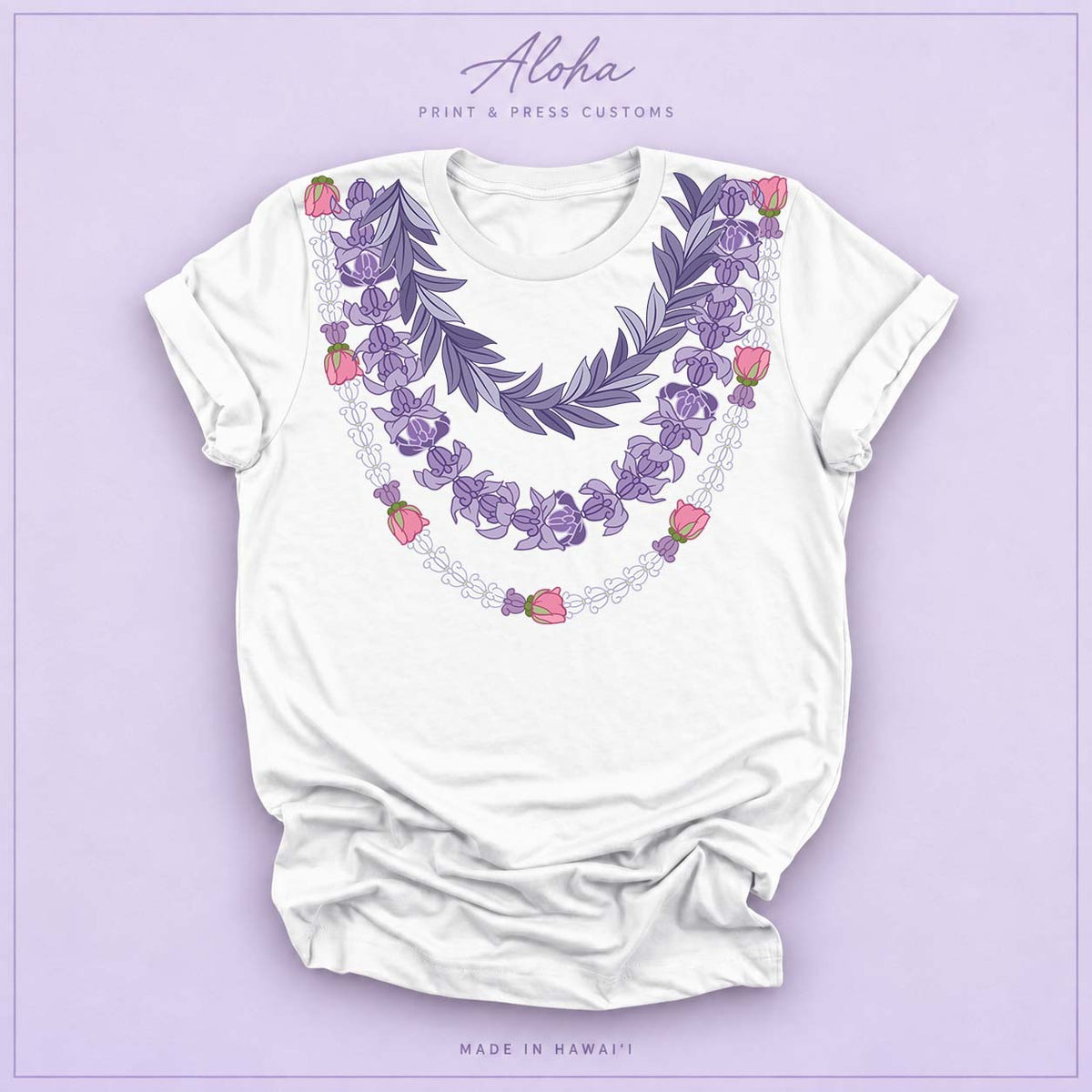 White T-shirt featuring the Maile and Crownflower Triple Lei design