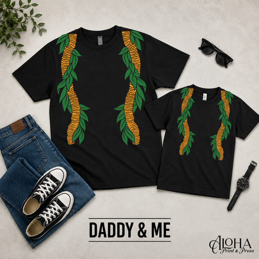 Maile and Ilima Daddy and Me matching lei shirts in black