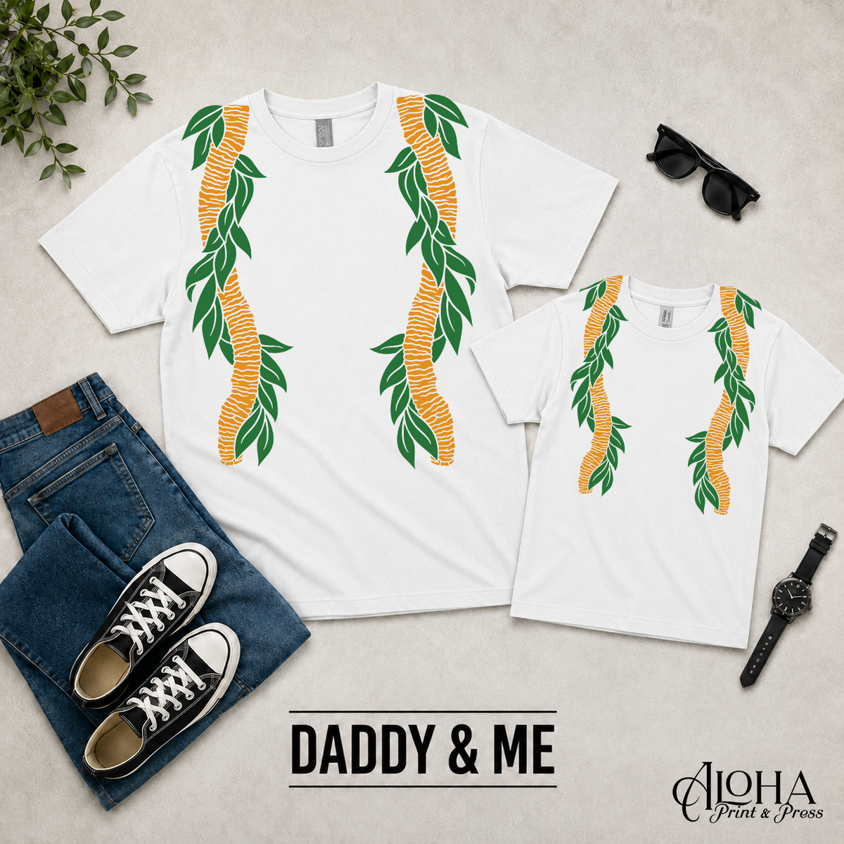 Maile and Ilima Daddy and Me matching lei shirts in white