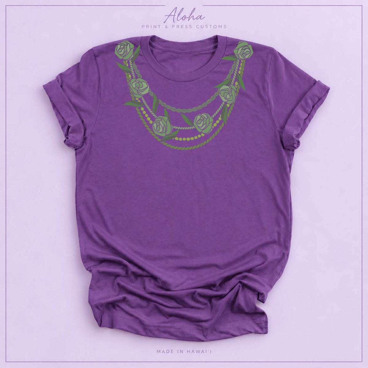 Royal Purple Maile Lei Necklace Shirt – Hawaiian Lei Graphic Tee