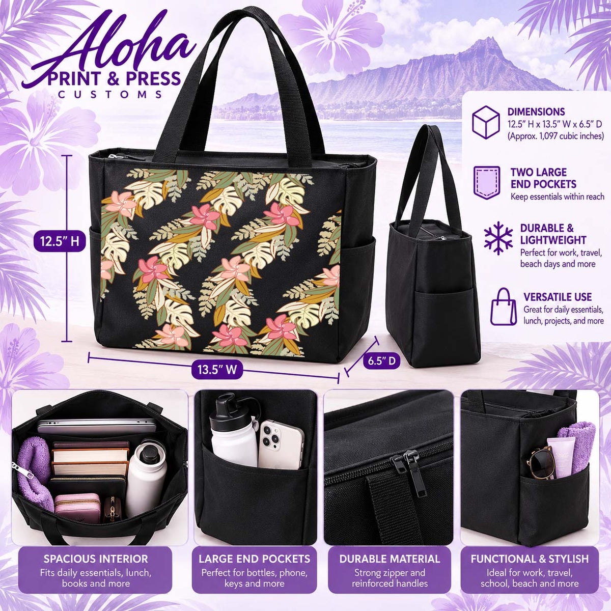 Maile Monstera Palapalai Plumeria Hawaiian tote bag in black