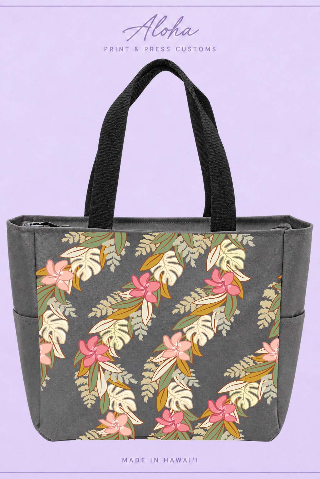 Maile Monstera Palapalai Plumeria Hawaiian tote bag in charcoal