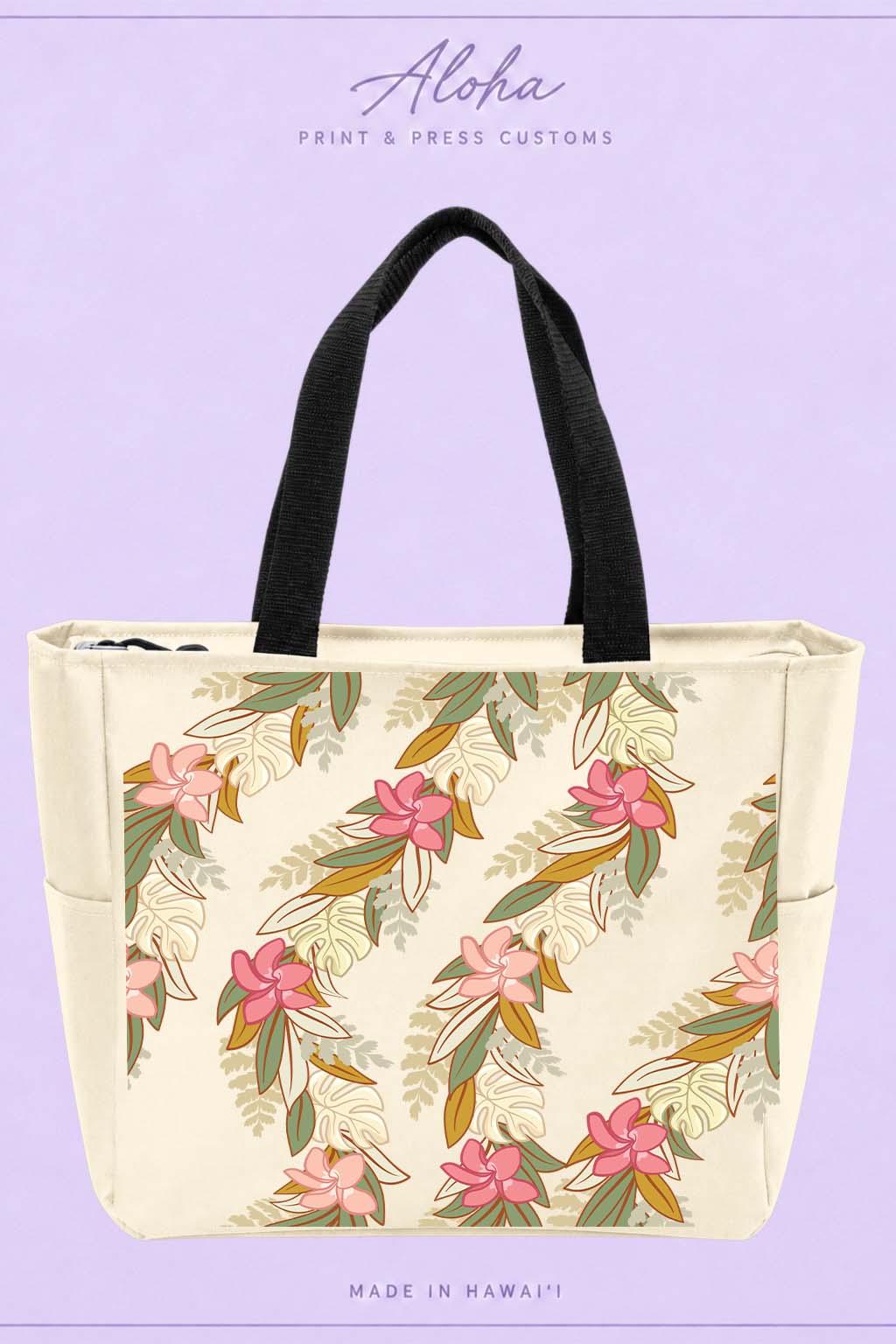 Maile Monstera Palapalai Plumeria Hawaiian tote bag in stone