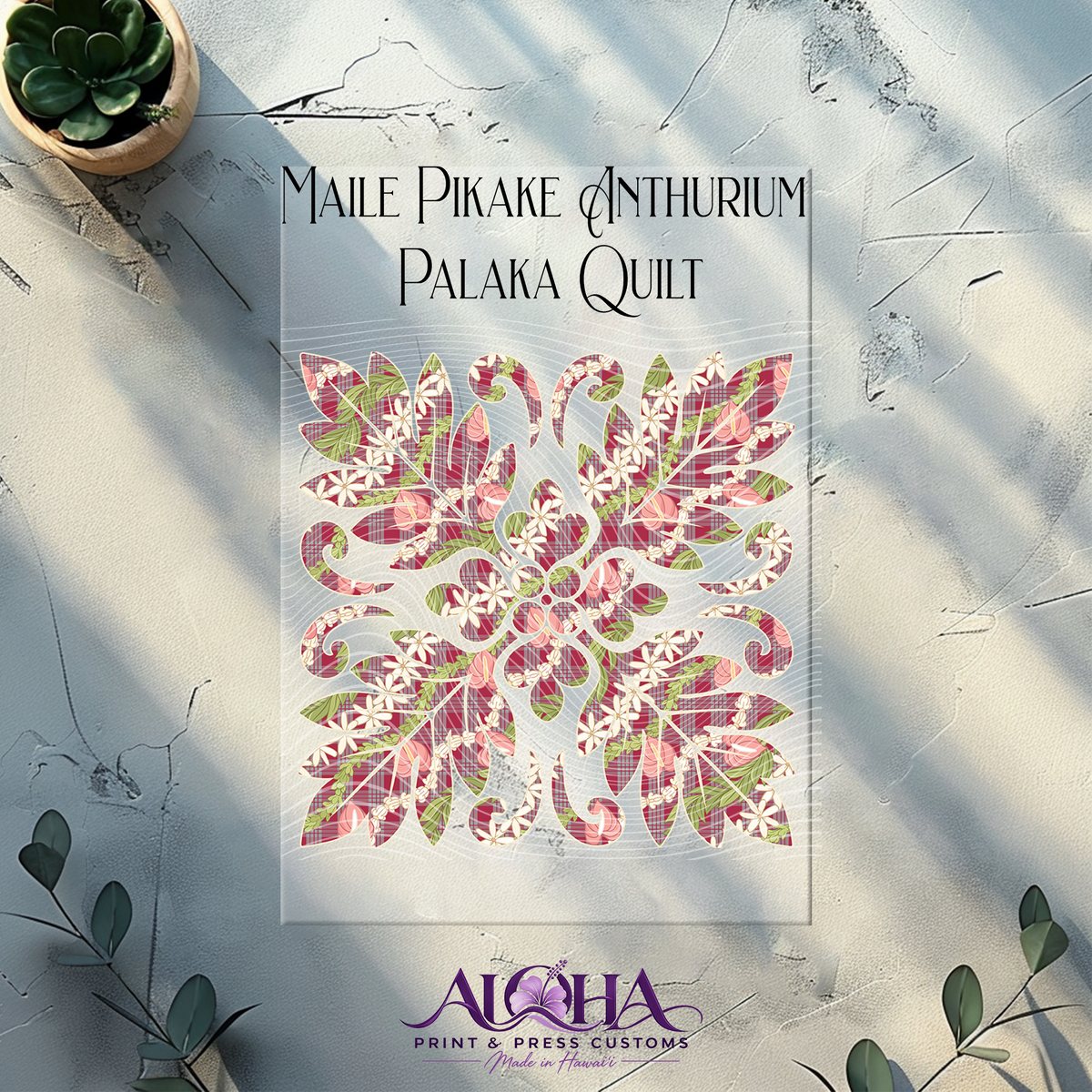 Maile Pikake Anthurium Palaka Quilt DTF transfer in Cranberry