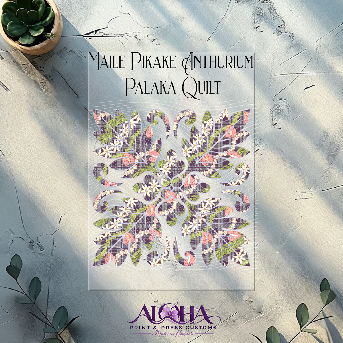 Maile Pikake Anthurium Palaka Quilt DTF transfer in Deep Plum