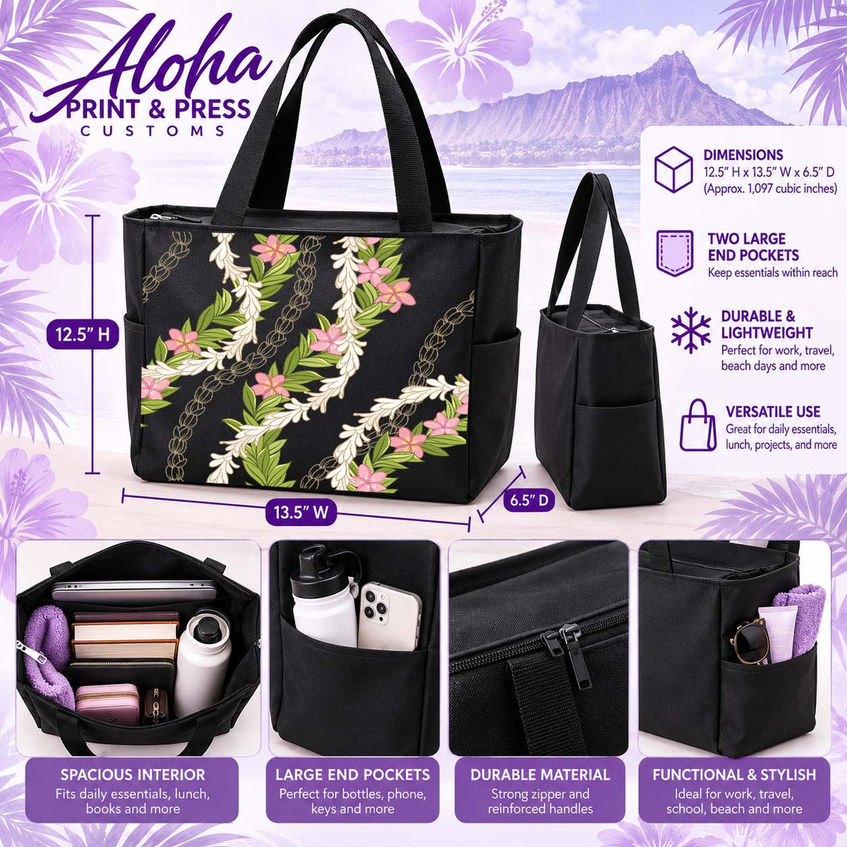 Maile Pikake Plumeria Hawaiian lei tote bag in black