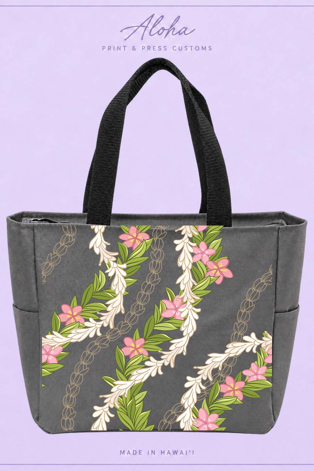 Maile Pikake Plumeria Hawaiian lei tote bag in charcoal