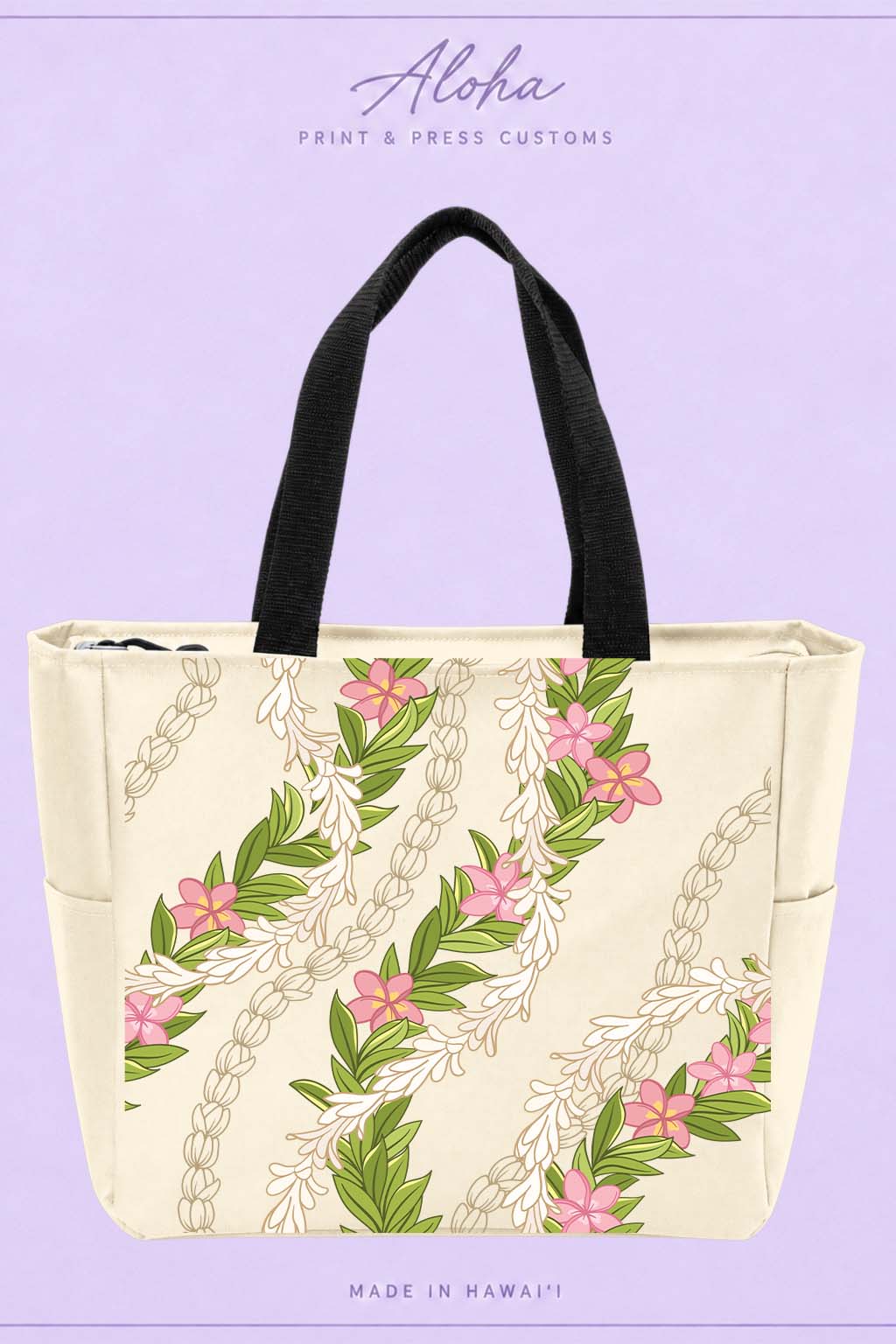 Maile Pikake Plumeria Hawaiian lei tote bag in stone