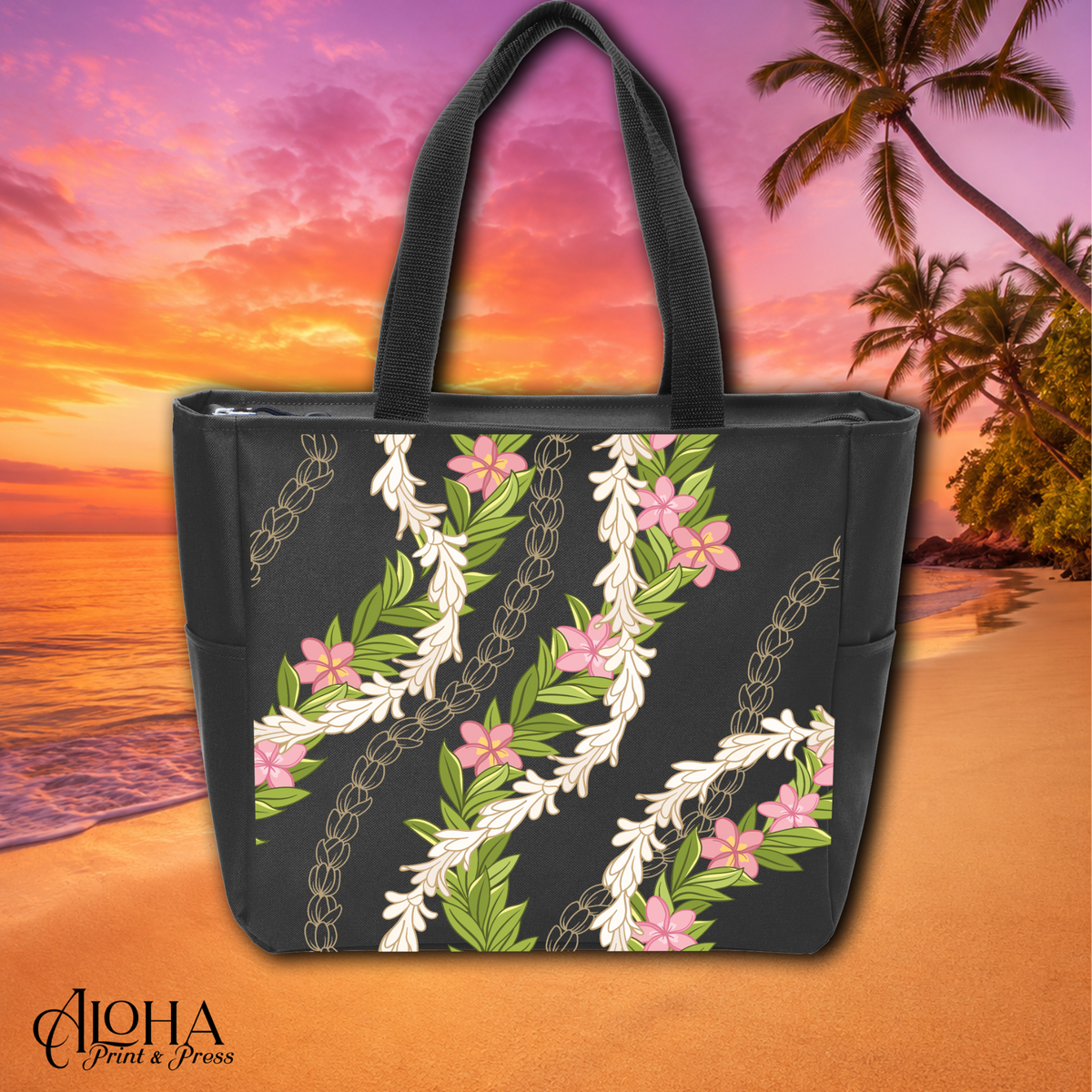 Maile Pikake Plumeria Hawaiian tropical zippered tote bag in black